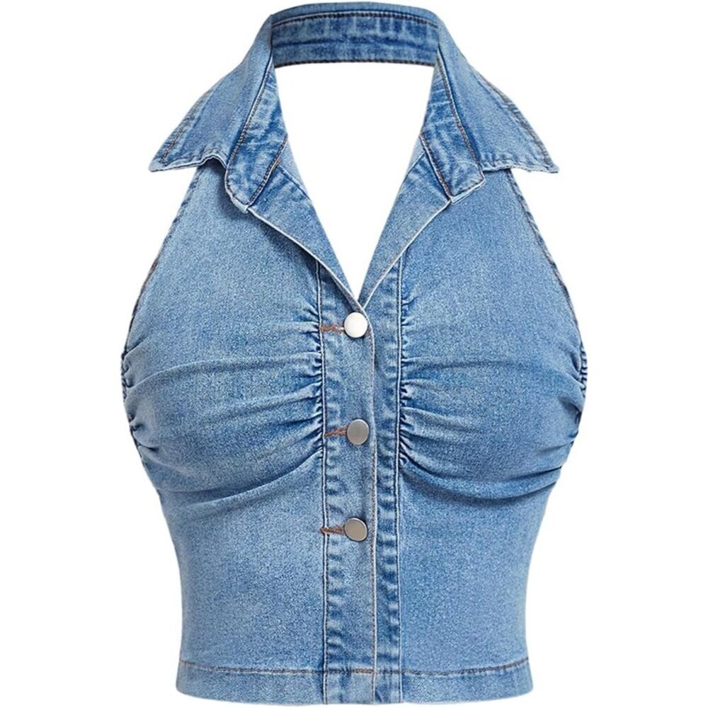 Women's Denim Halter Top Sleeveless Ruched Button Front Cropped Small